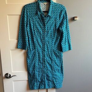 Boden Tara 8P petite shirt dress 100% cotton knit blue green geometric print